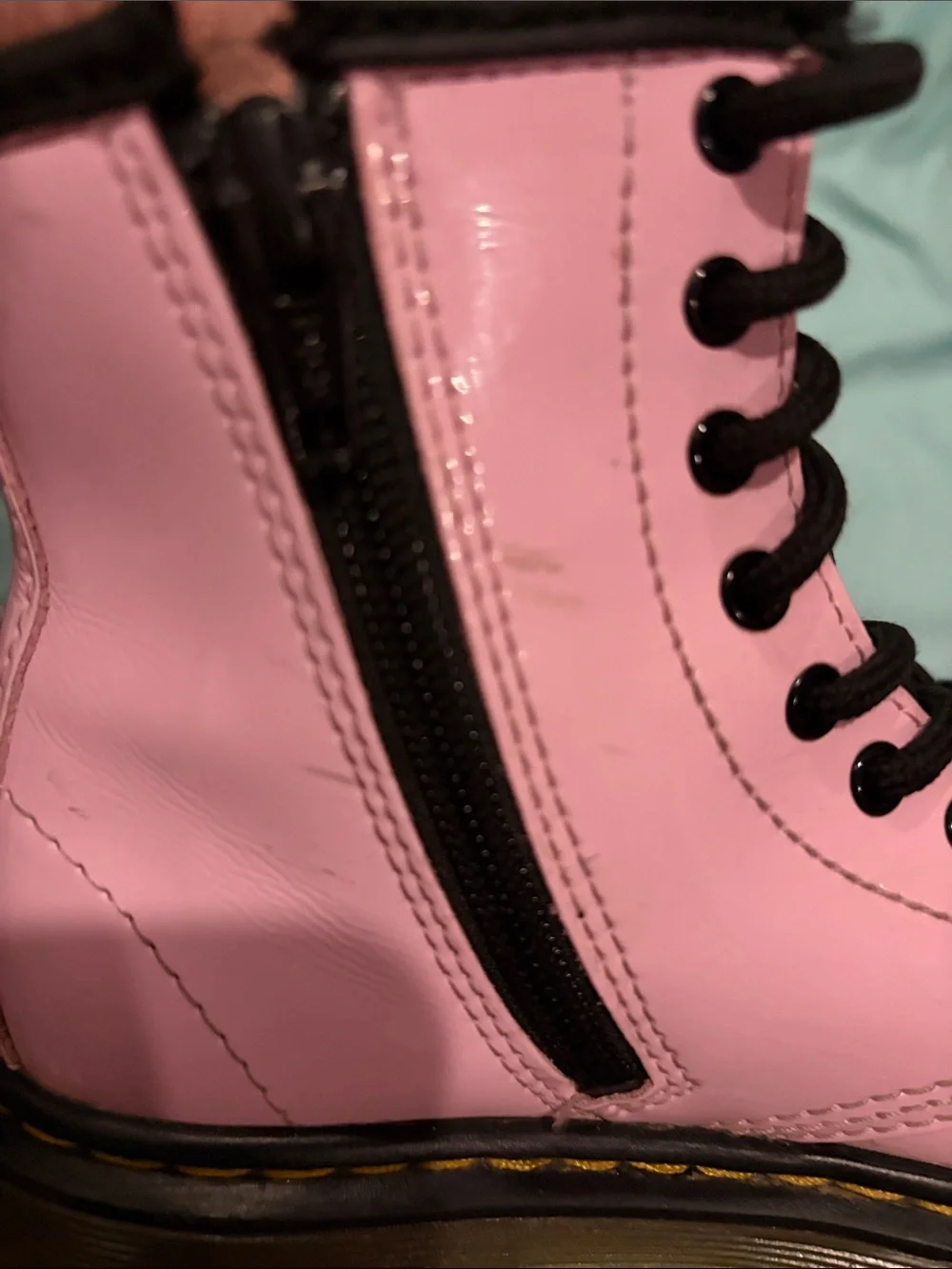 Dr. Martens Pink Patent Lace-Up Boots with Black Trim kids 13